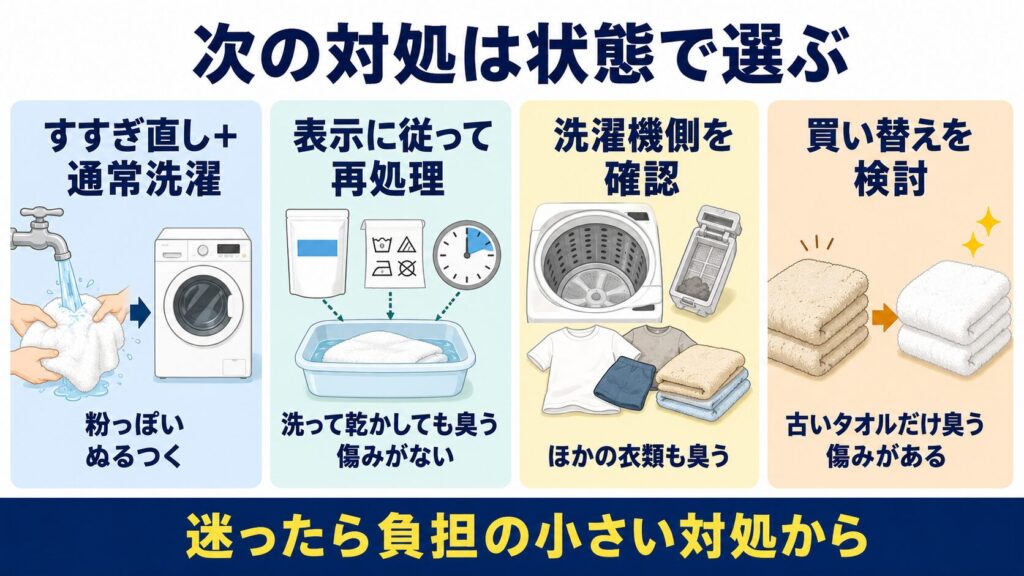 オキシ漬け後に臭うタオルについて、すすぎ直し、再処理、洗濯機の確認、買い替えを状態別に選ぶ図解