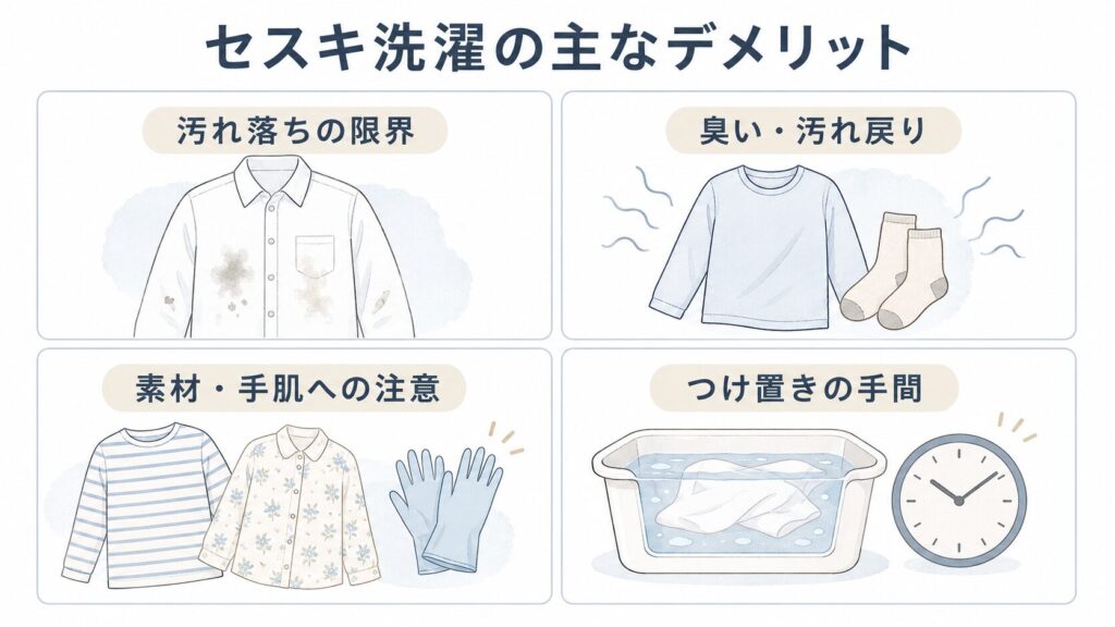 セスキ洗濯の汚れ落ち、臭い、素材、手間のデメリットを示す図解