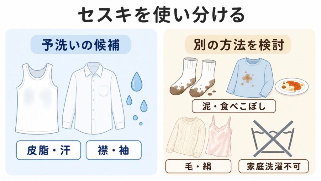 セスキの予洗いに向く皮脂汚れと別の方法が合う汚れや衣類の図解