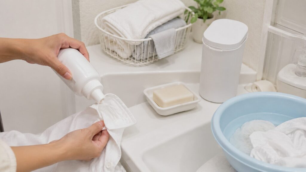 通常洗剤をシャツの襟へ塗り部分洗いする一人暮らしの洗濯イメージ