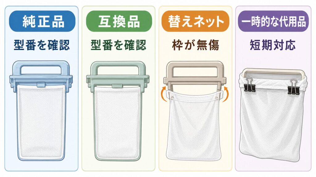 純正品・互換品・替えネット・一時的な代用品を比べた図