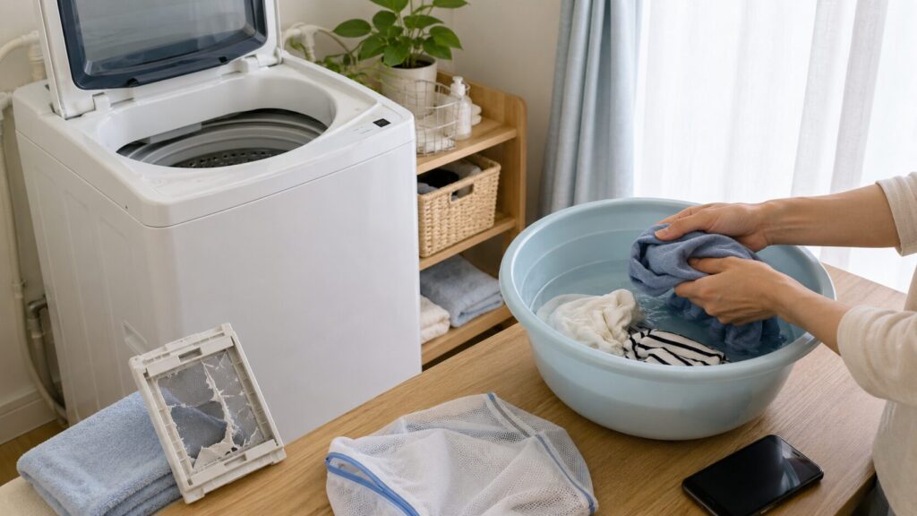 交換品がないため必要な衣類だけを手洗いして洗濯機の使用を控えている様子