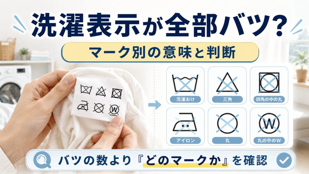 洗濯表示が全部バツに見える服について、マーク別の意味と家庭で洗えるかの判断を確認する図解