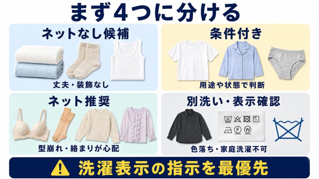 洗濯物をネットなし候補、条件付き、ネット推奨、別洗い・表示確認の4つに分ける判断図