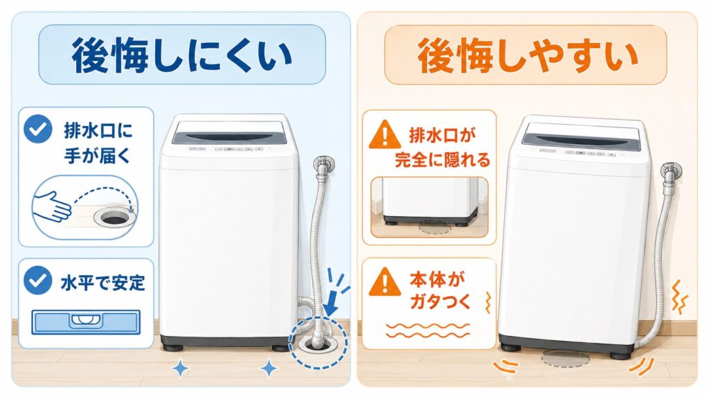 洗濯パンなしで後悔しにくい設置と後悔しやすい設置を比べた図