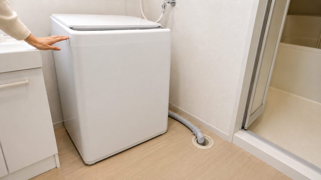 防水パンなしでも水平に安定し、排水口とホースを点検できる洗濯機の設置例