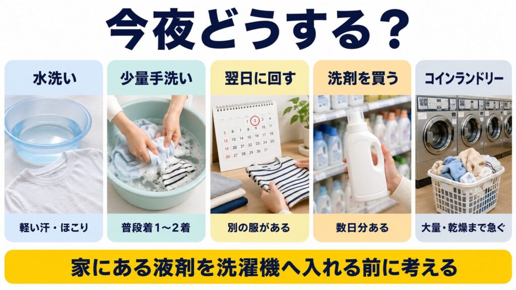 洗濯洗剤がない夜に、水洗い、少量手洗い、翌日に回す、洗剤購入、コインランドリーから選ぶ図解