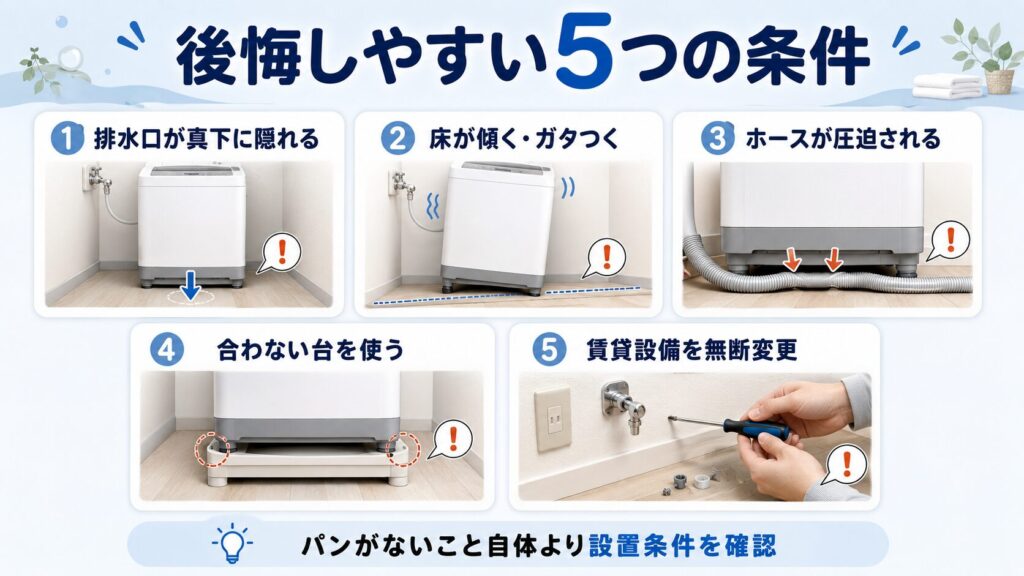 洗濯パンなしで後悔しやすい5つの設置条件を示した図