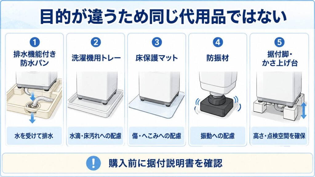 防水パン・洗濯機用トレー・床保護マット・防振材・かさ上げ台の役割の違いを示した図