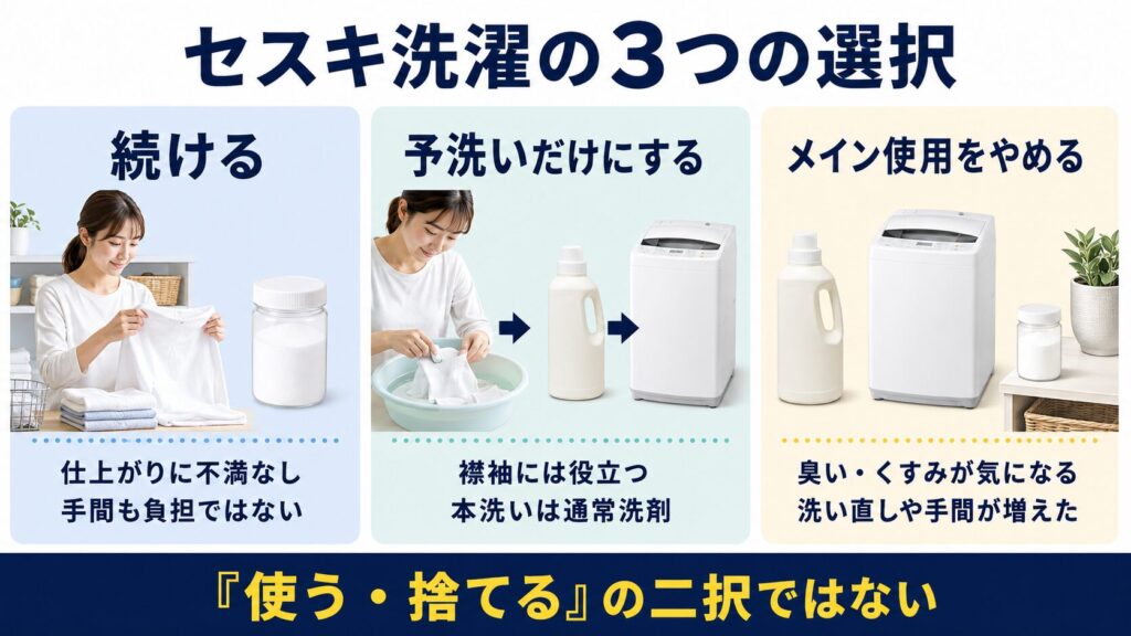 セスキ洗濯を続ける、予洗いだけにする、メイン使用をやめる3つの選択を比較した図解