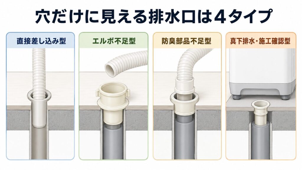 穴だけに見える洗濯機排水口を直接差し込み型、エルボ不足型、防臭部品不足型、真下排水型に分けた図
