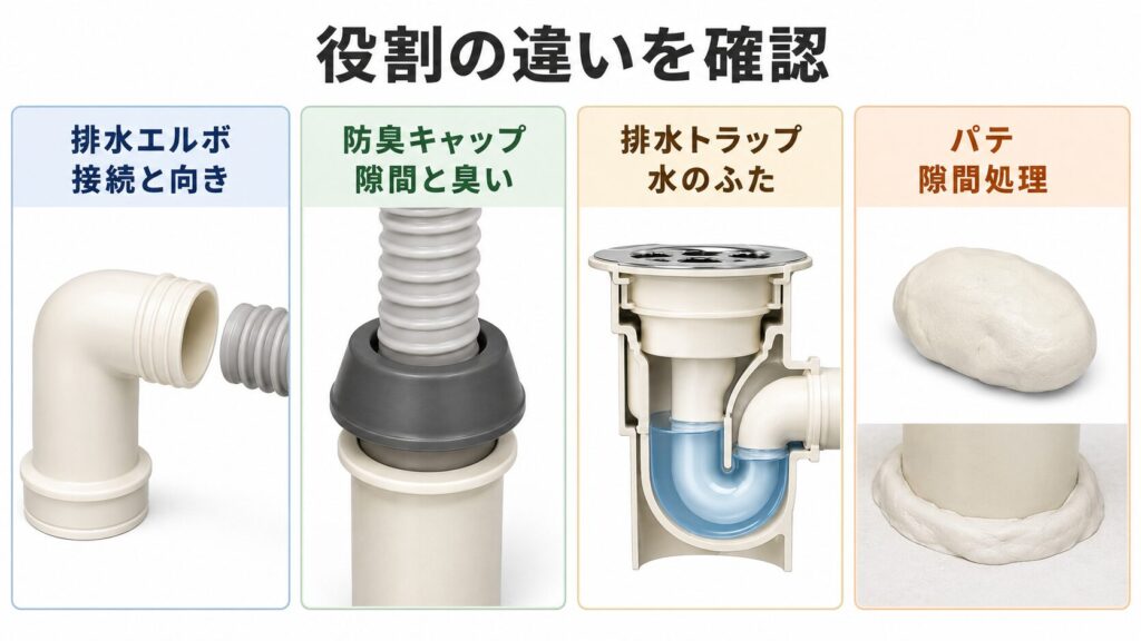 排水エルボ、防臭キャップ、排水トラップ、パテの形と役割の違いを示した比較図