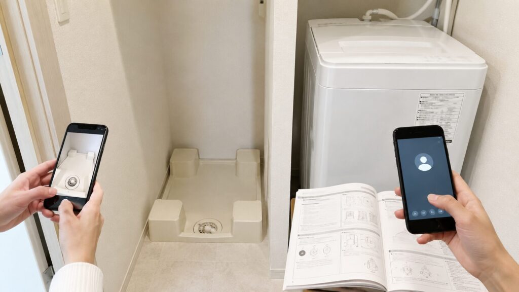 賃貸の洗濯機排水口を撮影し、洗濯機の型番を確認して管理会社へ連絡する様子