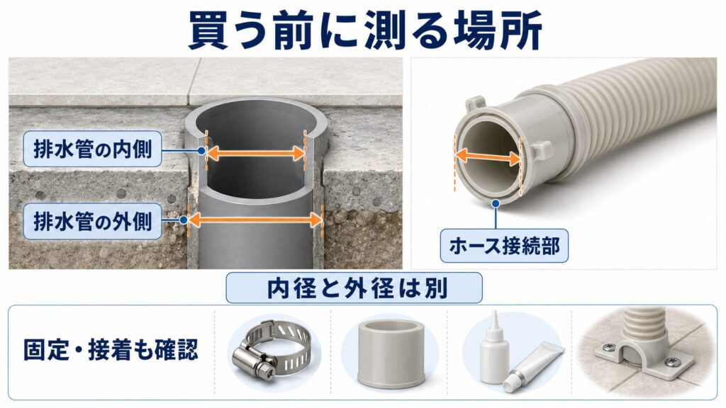 洗濯機排水口の排水管内径と外径、排水ホース接続部の測定位置を示した図