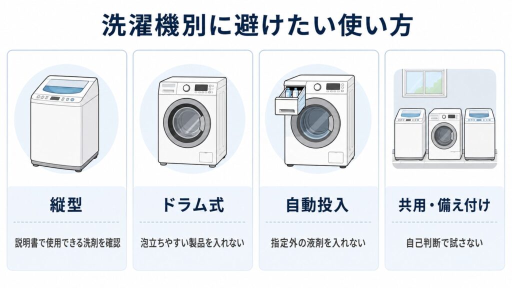 縦型、ドラム式、自動投入、共用洗濯機で避けたい使い方を整理した比較図
