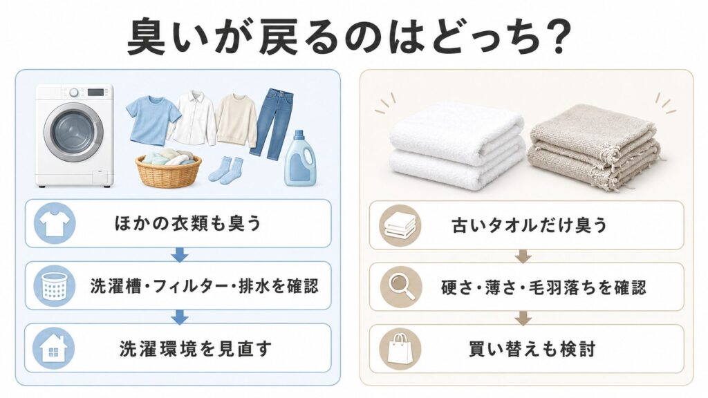ほかの衣類も臭う場合は洗濯槽、古いタオルだけ臭う場合は劣化を確認する比較図