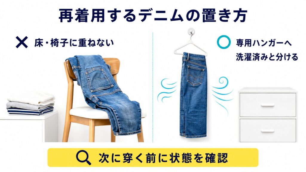 再着用する一般的なジーンズを専用ハンガーで風に通し、洗濯済み衣類と分けて置く例