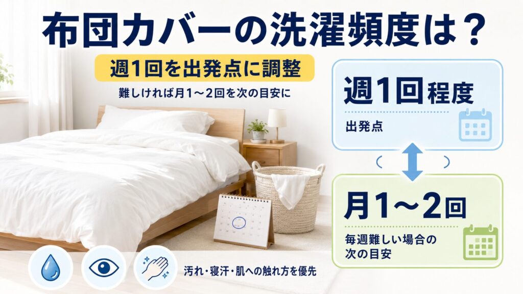 布団カバーの洗濯頻度について、週1回を出発点に、難しい場合は月1〜2回を次の目安とする考え方を示す図解