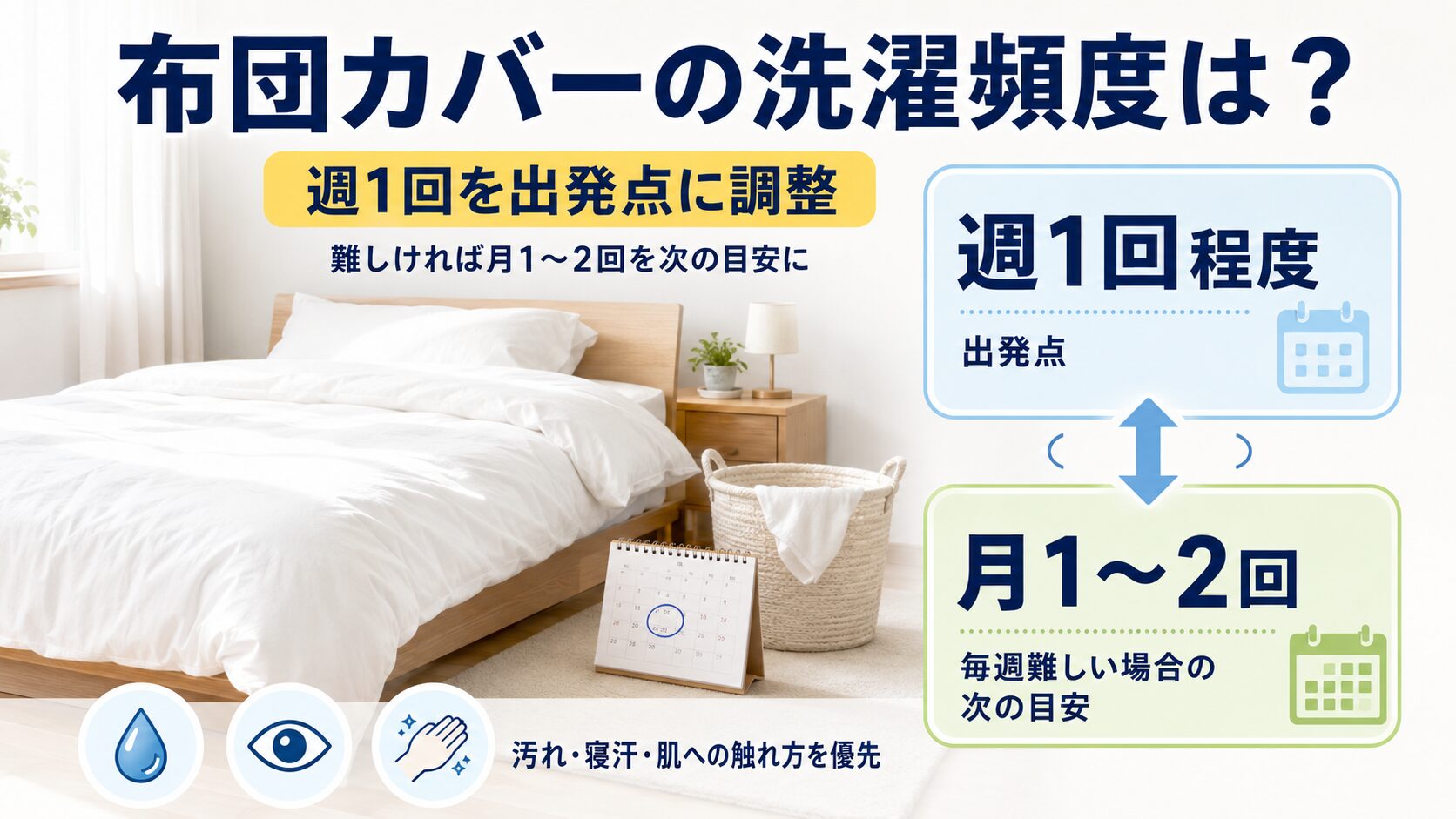 布団カバーの洗濯頻度について、週1回を出発点に、難しい場合は月1〜2回を次の目安とする考え方を示す図解