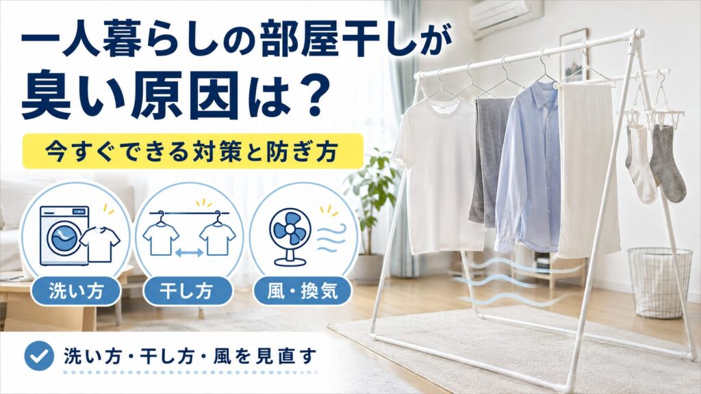 一人暮らしの部屋干し臭について、洗い方、干し方、風や換気を見直す対策を示したアイキャッチ