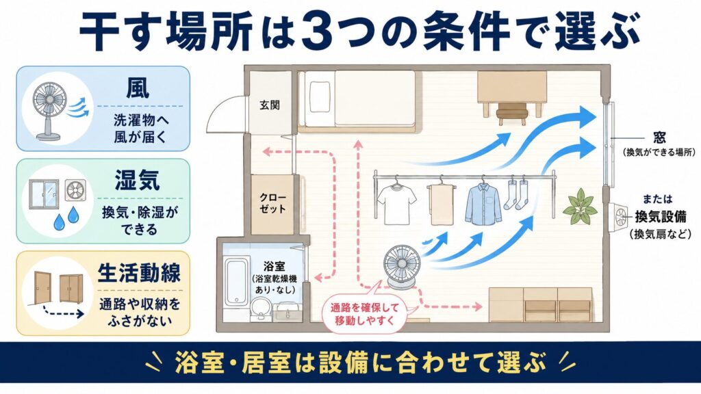 ワンルームや1Kで、風、湿気、生活動線の3条件から部屋干し場所を選ぶ簡略間取り図