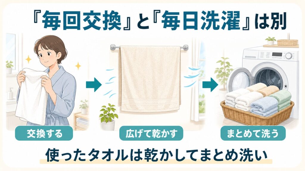 バスタオルを毎回交換し、使用済みを広げて乾かしてから数枚まとめて洗う流れ