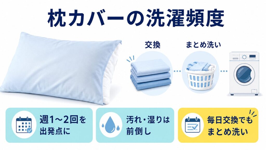 枕カバーは週1〜2回を出発点にし、汚れや湿りがあれば前倒しし、毎日交換でもまとめ洗いできることを示す画像