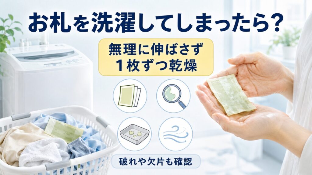 洗濯物のポケットから濡れたお札に気づき、破れや欠片がないか確認しているイラスト
