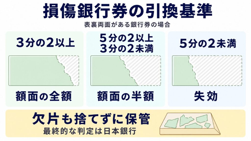 表裏両面がある損傷銀行券について、残存面積3分の2以上は全額、5分の2以上3分の2未満は半額、5分の2未満は失効となる基準図