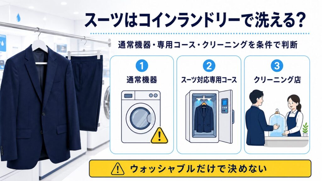 スーツを通常のコインランドリー、スーツ対応専用コース、クリーニング店の条件で判断することを示した画像