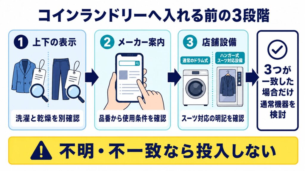 スーツをコインランドリーへ入れる前に、上下の表示、メーカー案内、店舗設備を順に確認する流れ