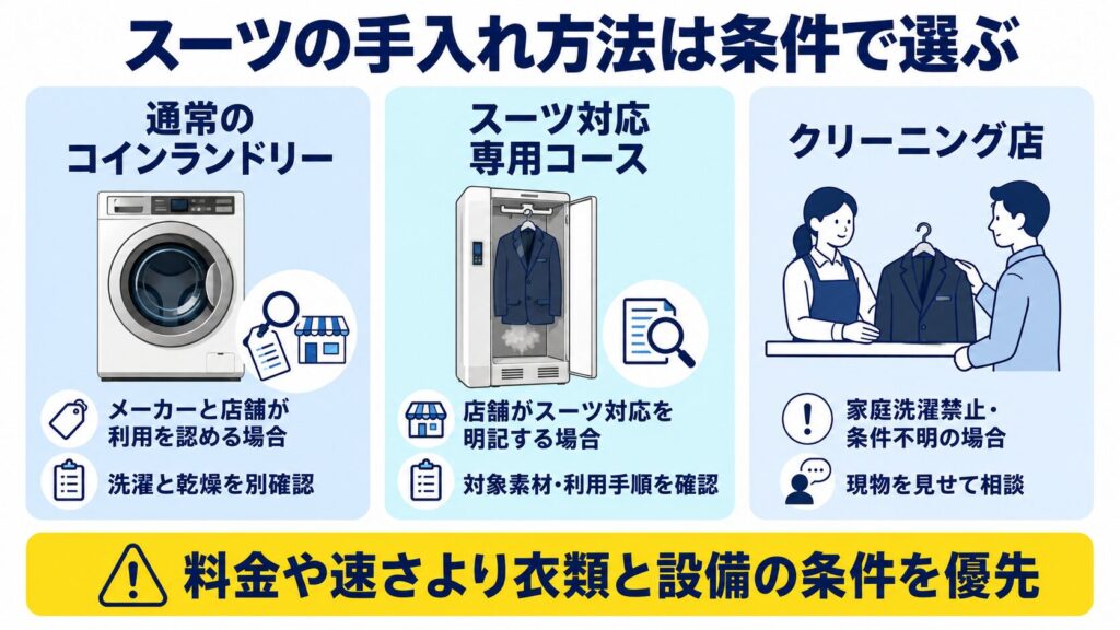 スーツの手入れ方法を通常のコインランドリー、スーツ対応専用コース、クリーニング店の条件で選び分ける図