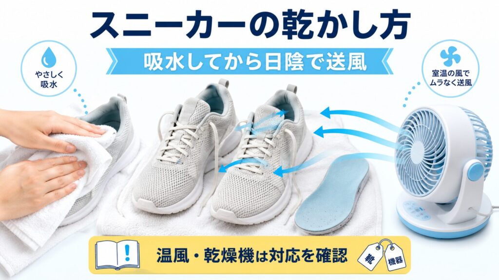 濡れたスニーカーをタオルで吸水し、靴ひもとインソールを外して履き口へ室温の風を通す乾かし方