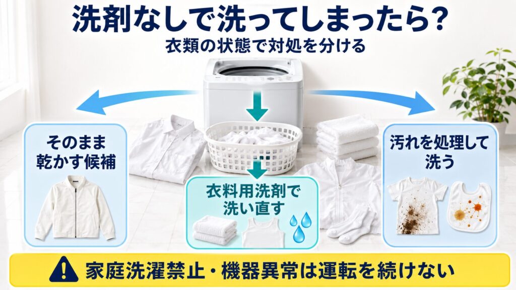 洗剤なしで洗った衣類を、そのまま乾かす、衣料用洗剤で洗い直す、汚れを処理して洗うの3方向へ分ける図