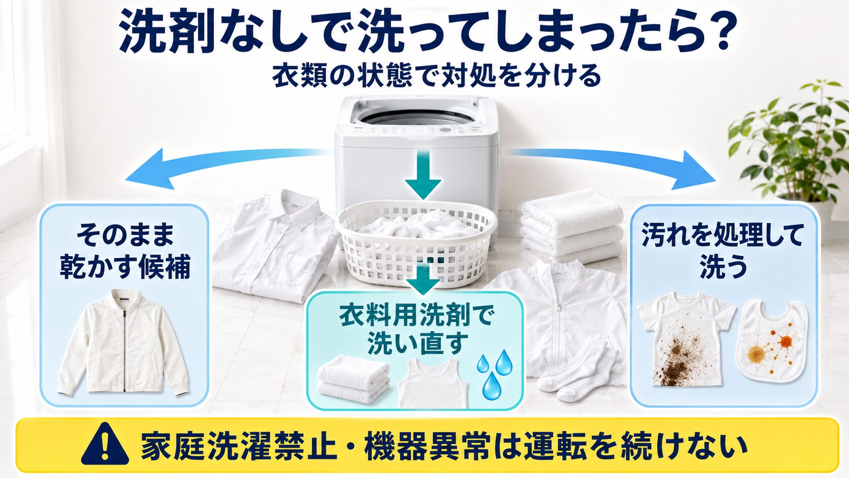 洗剤なしで洗った衣類を、そのまま乾かす、衣料用洗剤で洗い直す、汚れを処理して洗うの3方向へ分ける図