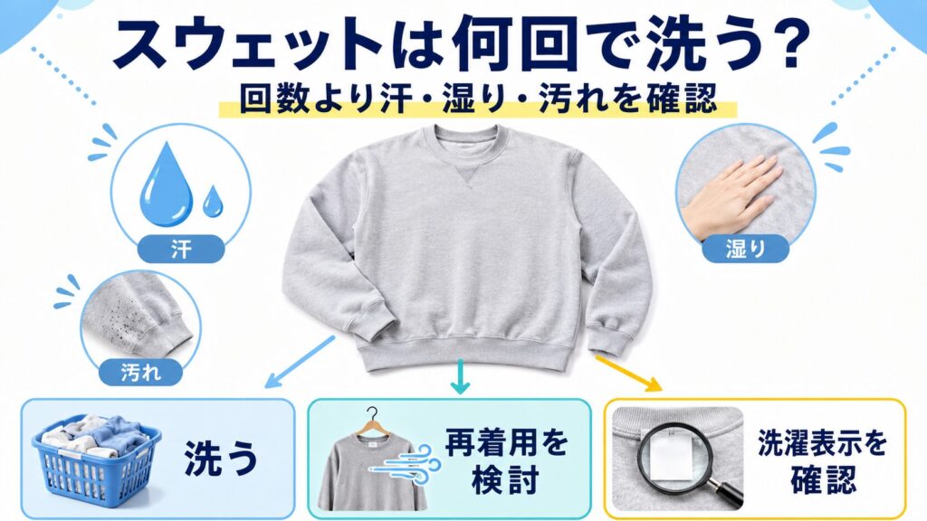 スウェットの汗・湿り・汚れを確認し、洗う、再着用を検討する、洗濯表示を確認する行動へ分ける図