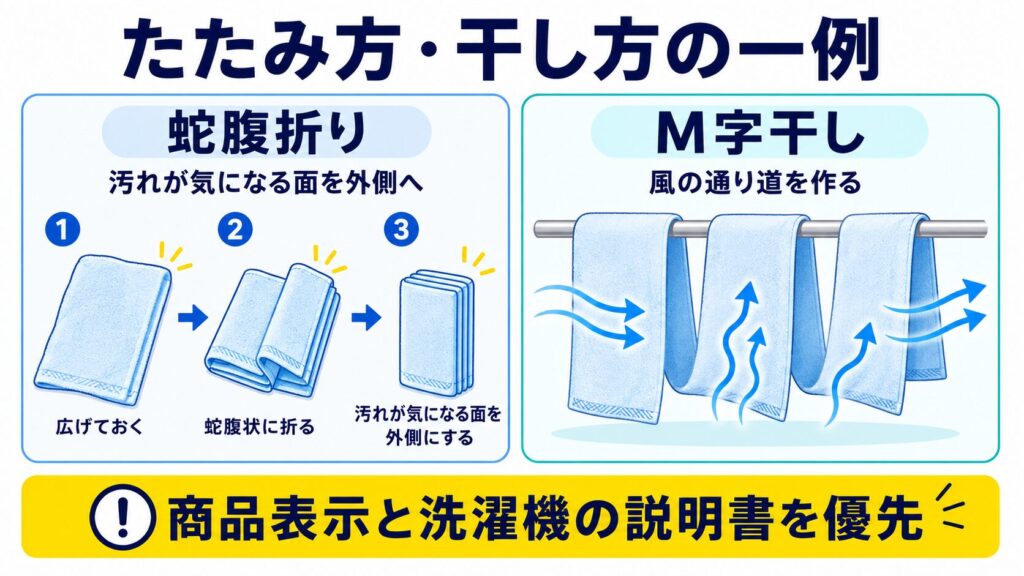 タオルケットを汚れが気になる面を外側にして蛇腹折りし、2本の物干し竿へM字干しする一例