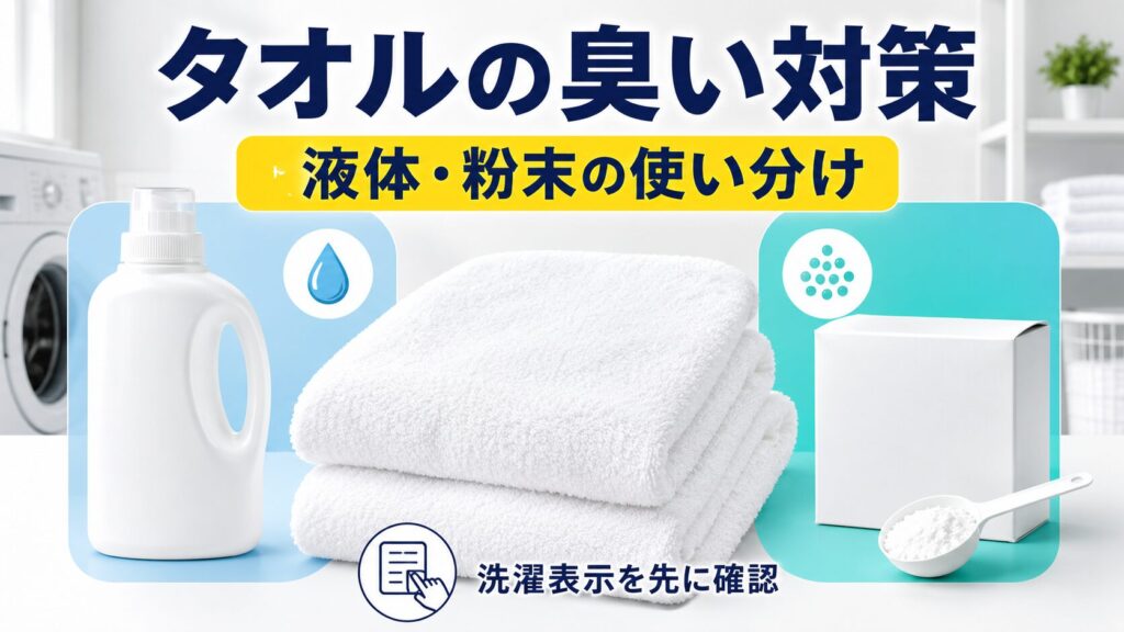 タオルの臭い対策について、液体タイプと粉末タイプを洗濯表示に合わせて使い分ける図解