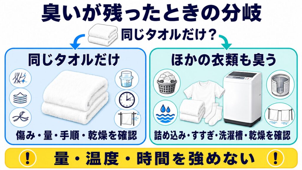 タオルだけが臭う場合とほかの洗濯物も臭う場合で、タオルの傷みと洗濯環境の確認先を分ける図解