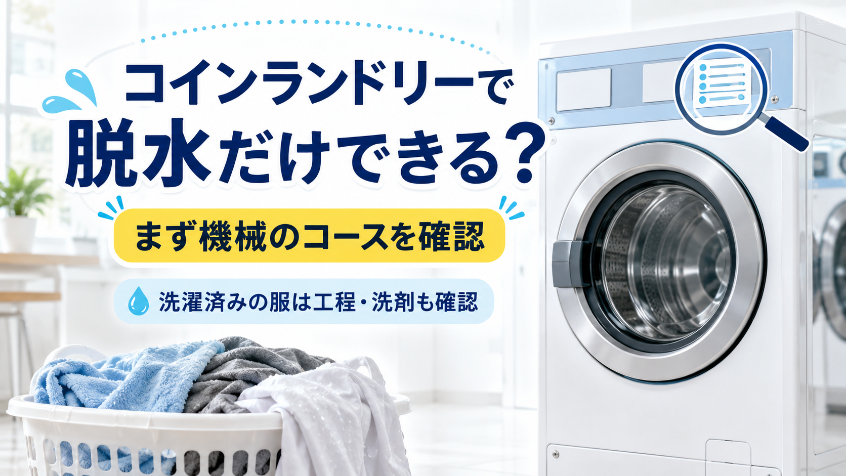 コインランドリーで脱水だけ使えるか操作パネルを確認し、洗濯済みの服では工程と洗剤投入も確認するイメージ