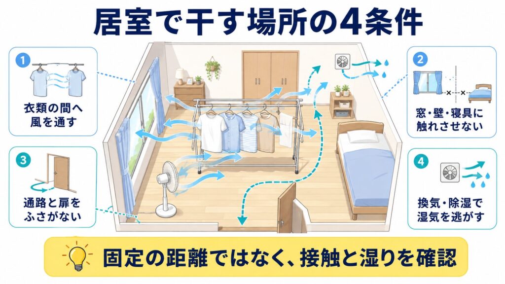 ワンルームで洗濯物を窓・壁・寝具から離し、扇風機の風を衣類の間へ通す配置例