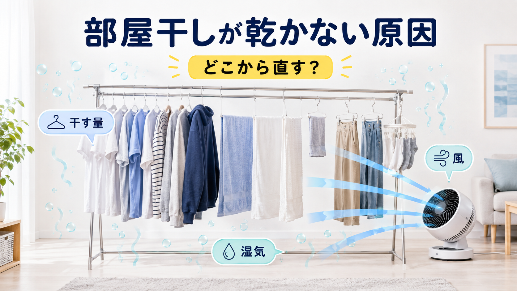 部屋干しの洗濯物について、干す量・風・室内の湿気を原因候補として確認するイメージ